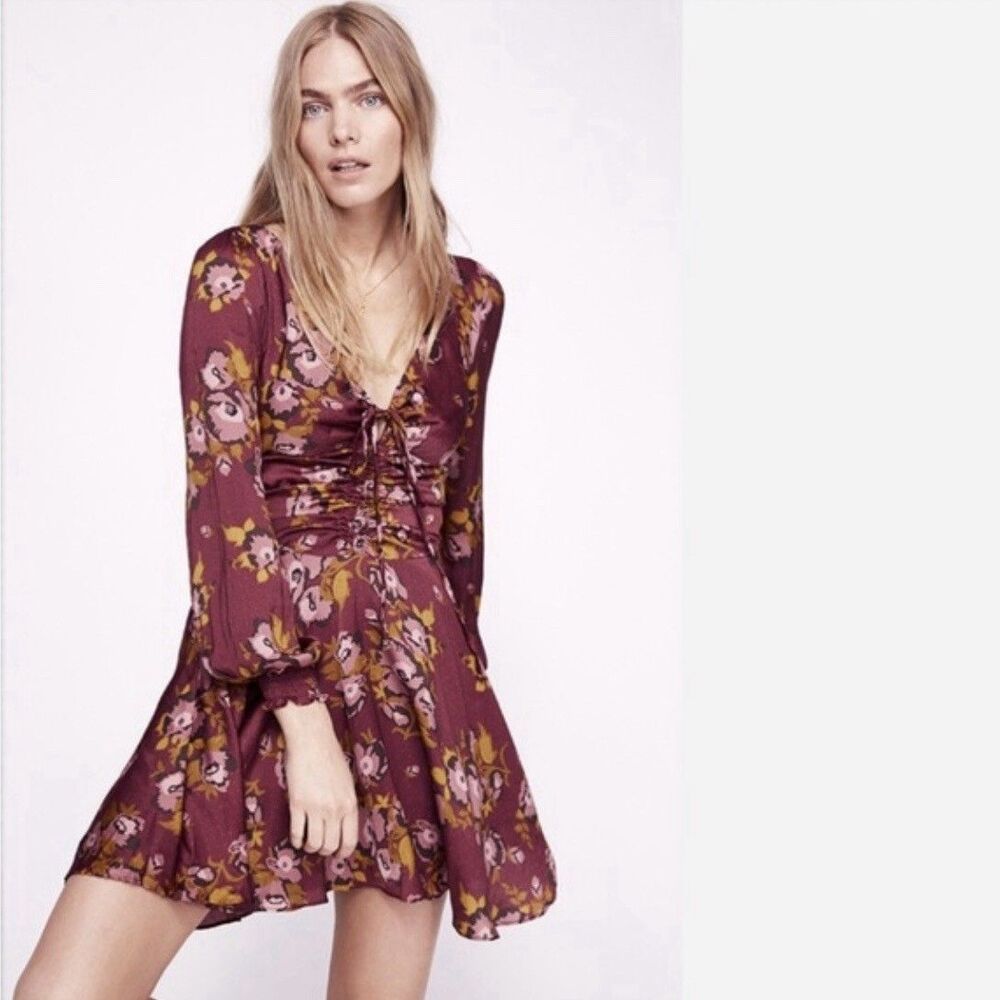 Free People Morning Light Polka Dot Floral Mini Dress Purple Combo Sz 2 Boho